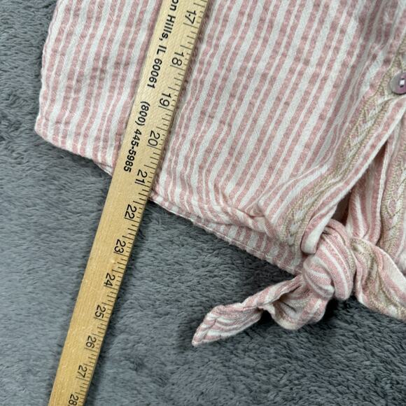 Paparazzi Floral Embroidered Pin Stripe Tie Front Button Up Blouse Shirt M Linen - Picture 7 of 7